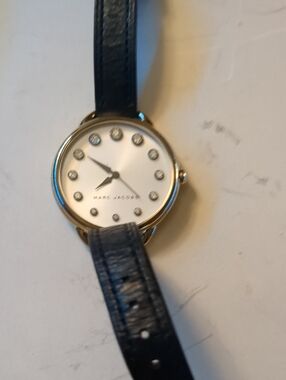 Marc Jacobs Gold Case Watch with Black Strap and Crystal Markers